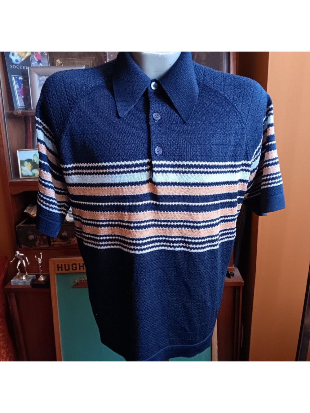 Vintage 1970's Knit Polo Shirt XL Navy Striped JC Penney Slinky Stretch Tennis